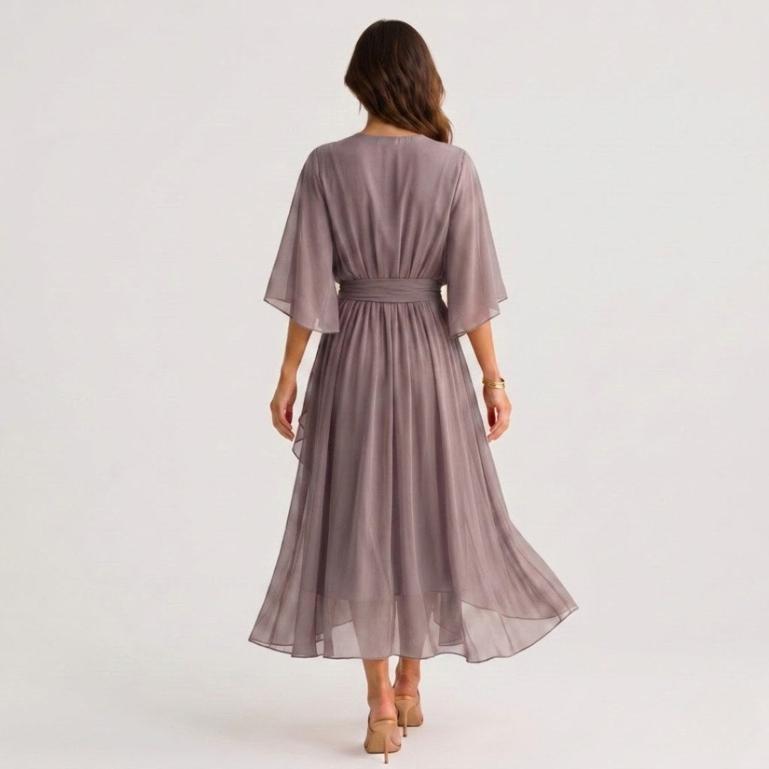 Evelyn | Women's Midi Dress with V-Neckline and Waist Tie, Layered Asymmetric Midi Dress | Everlasting Boutique