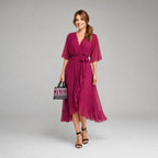 Evelyn | Women's Midi Dress with V-Neckline and Waist Tie, Layered Asymmetric Midi Dress | Everlasting Boutique