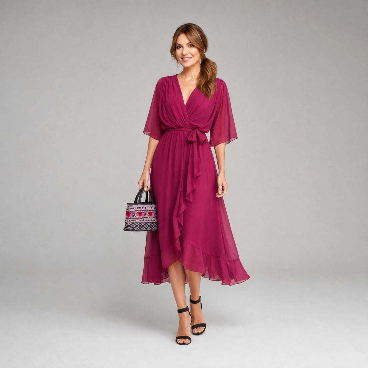 Evelyn | Women's Midi Dress with V-Neckline and Waist Tie, Layered Asymmetric Midi Dress | Everlasting Boutique