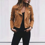 Florence | Women's Suede Cropped Jacket with Asymmetric Zip Front, Moto-Style Jacket | Everlasting Boutique | Khaki