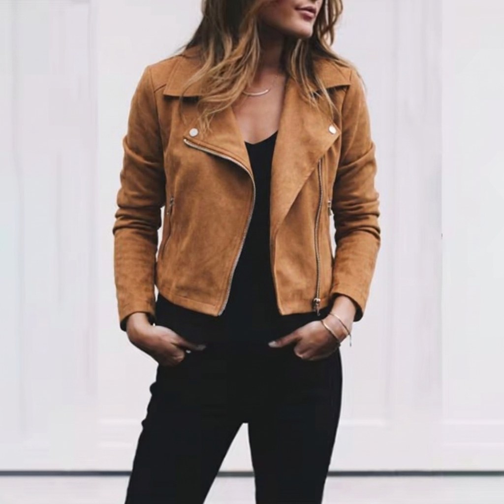 Florence | Women's Suede Cropped Jacket with Asymmetric Zip Front, Moto-Style Jacket | Everlasting Boutique | Khaki