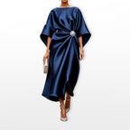 Freya | Women's Draped Satin Midi Dress, Cape-Sleeve Evening Dress | Everlasting Boutique