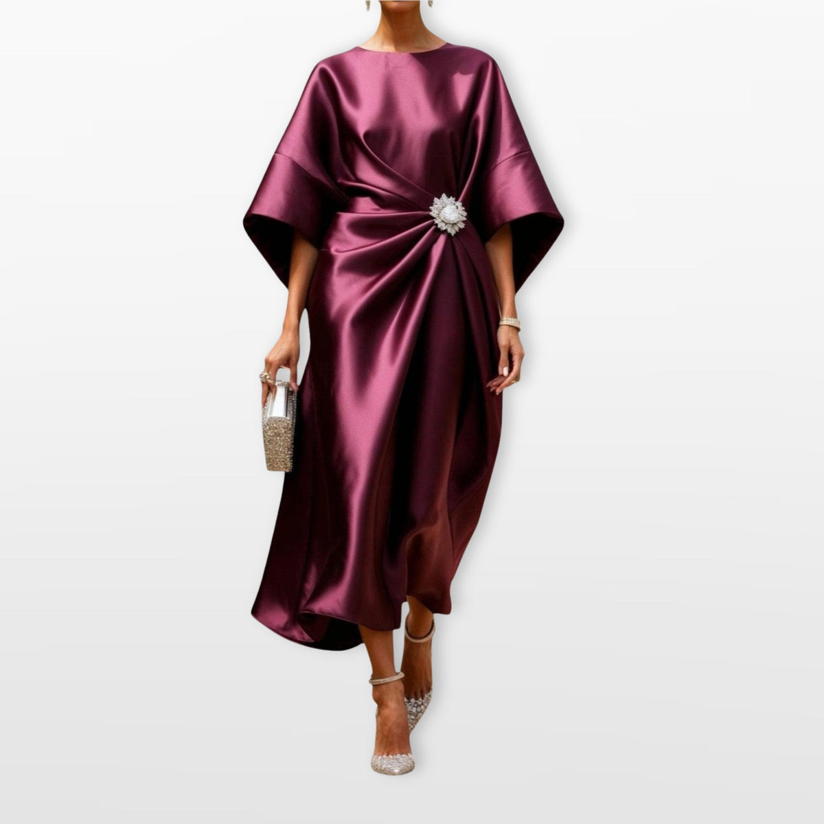 Freya | Women's Draped Satin Midi Dress, Cape-Sleeve Evening Dress | Everlasting Boutique