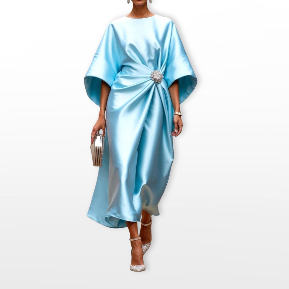 Freya | Women's Draped Satin Midi Dress, Cape-Sleeve Evening Dress | Everlasting Boutique