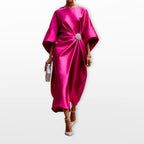 Freya | Women's Draped Satin Midi Dress, Cape-Sleeve Evening Dress | Everlasting Boutique