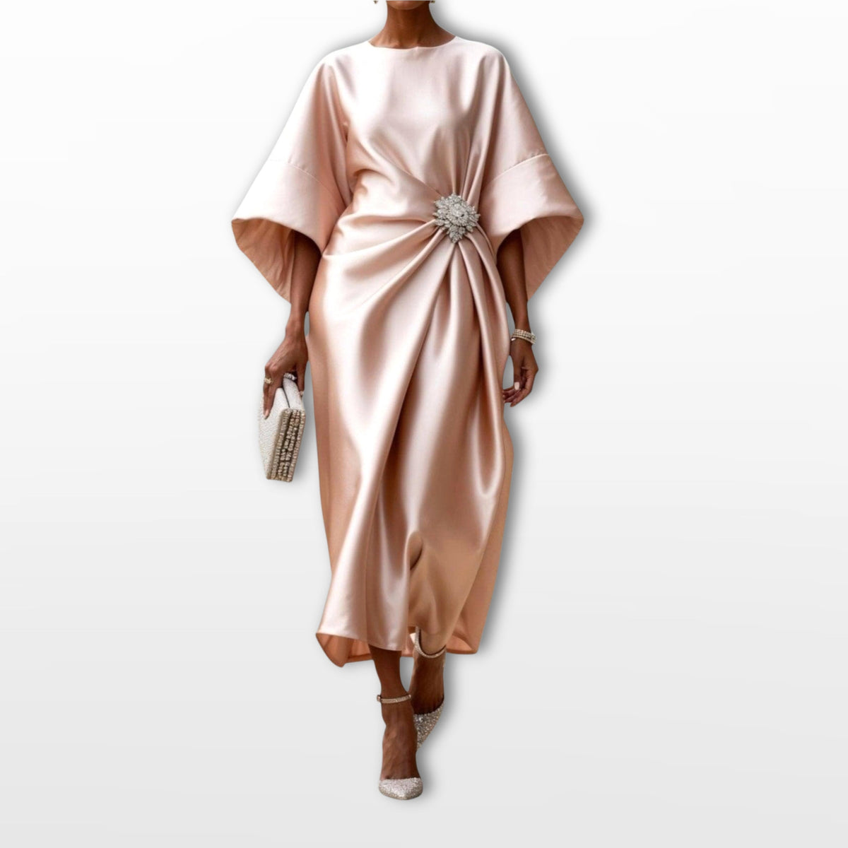 Freya | Women's Draped Satin Midi Dress, Cape-Sleeve Evening Dress | Everlasting Boutique