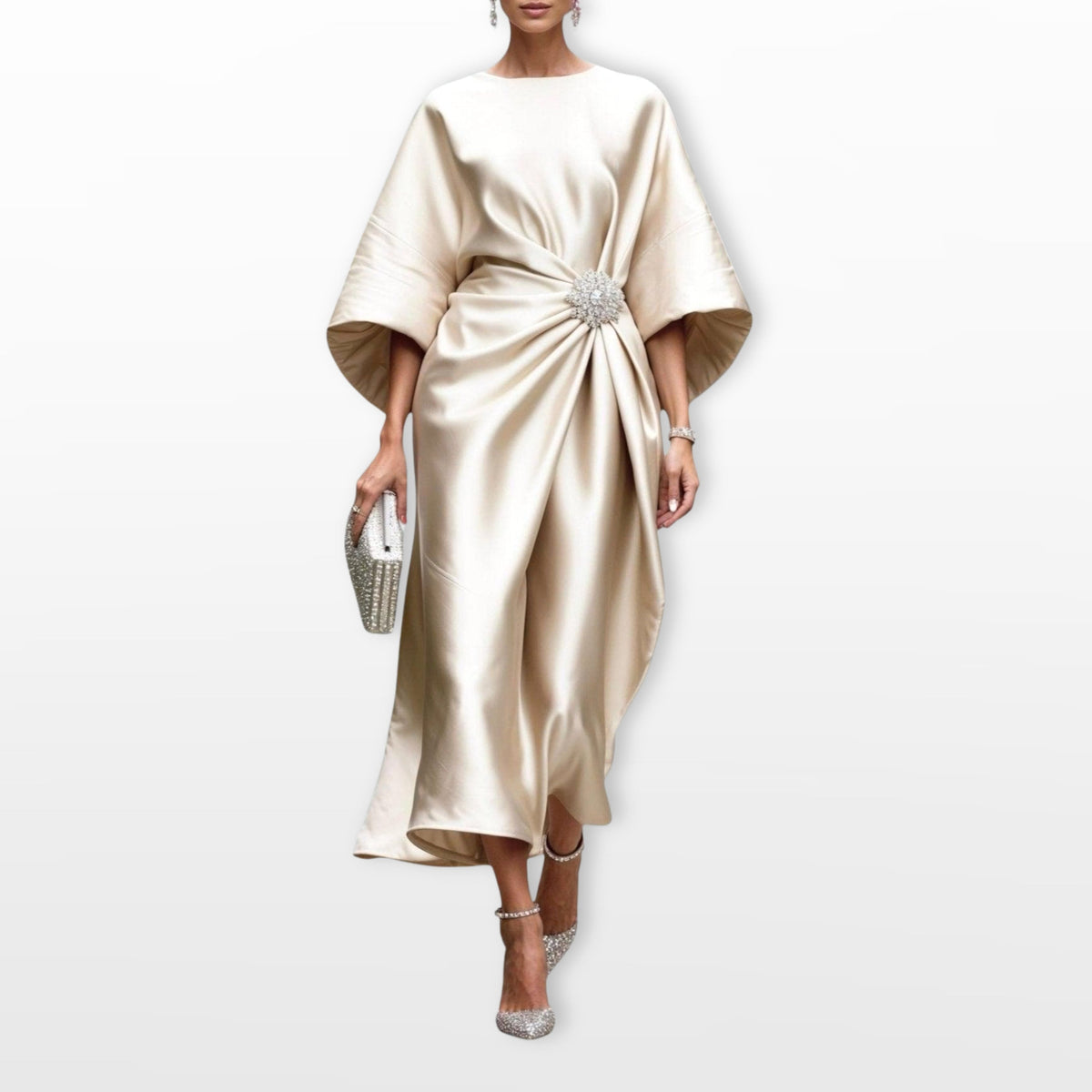 Freya | Women's Draped Satin Midi Dress, Cape-Sleeve Evening Dress | Everlasting Boutique