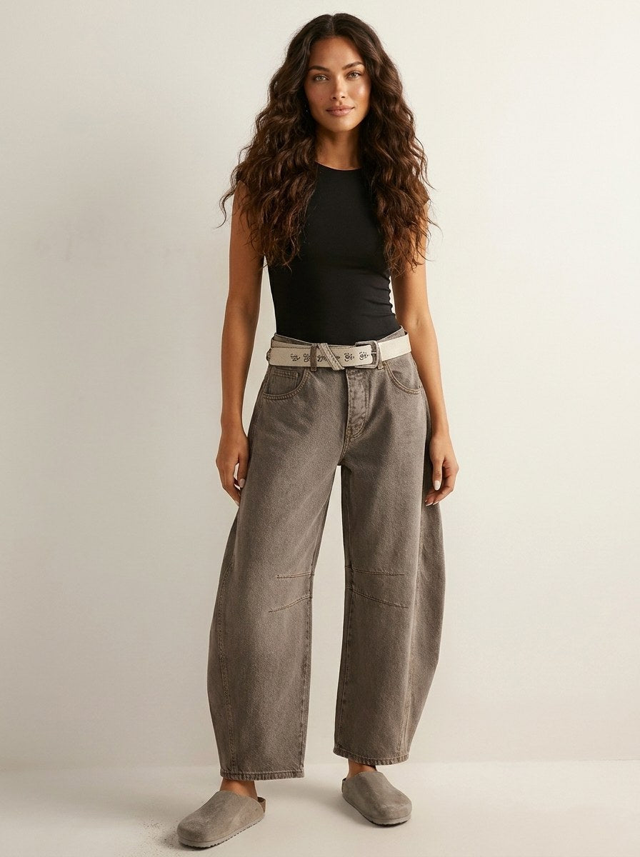 Freya | Women's Relaxed Barrel Jeans, High-Waist Denim Jeans | Everlasting Boutique | Beige