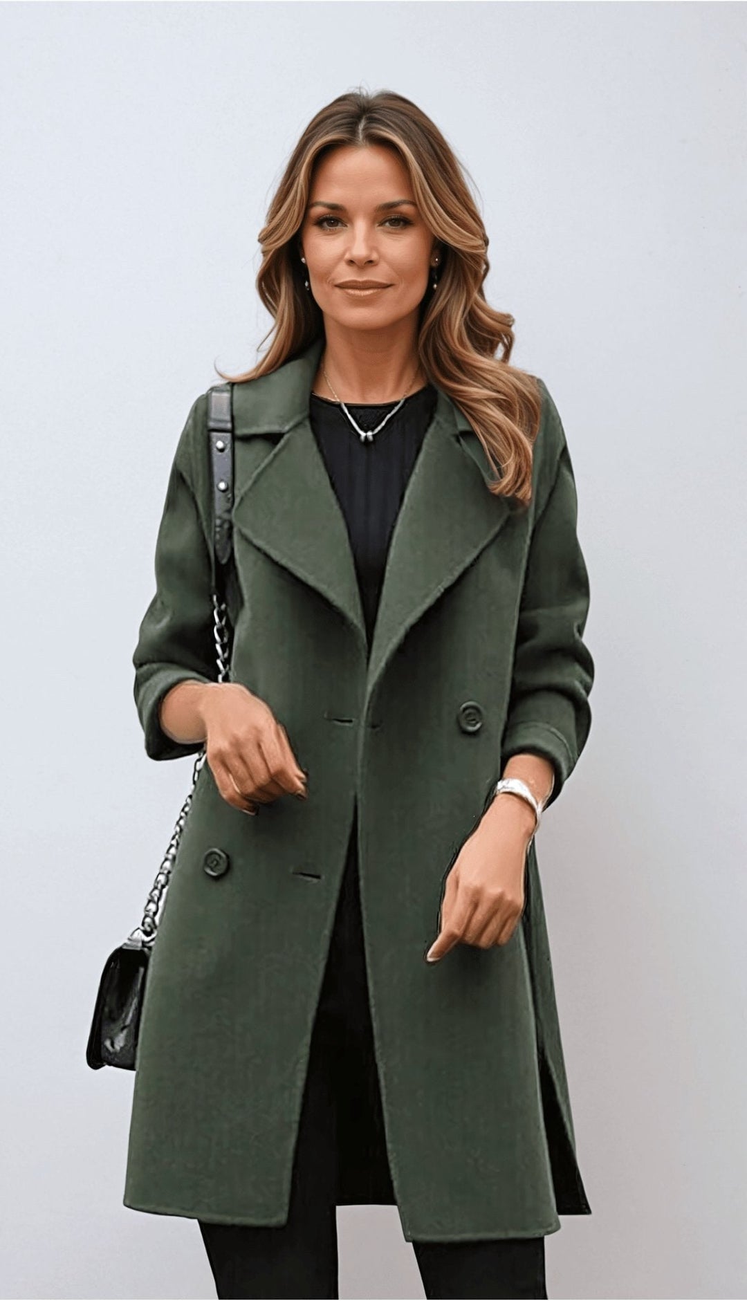 Genevieve | Women's Double Breasted Mid-Length Coat, Notched Lapel Autumn Coat | Everlasting Boutique | Army Green