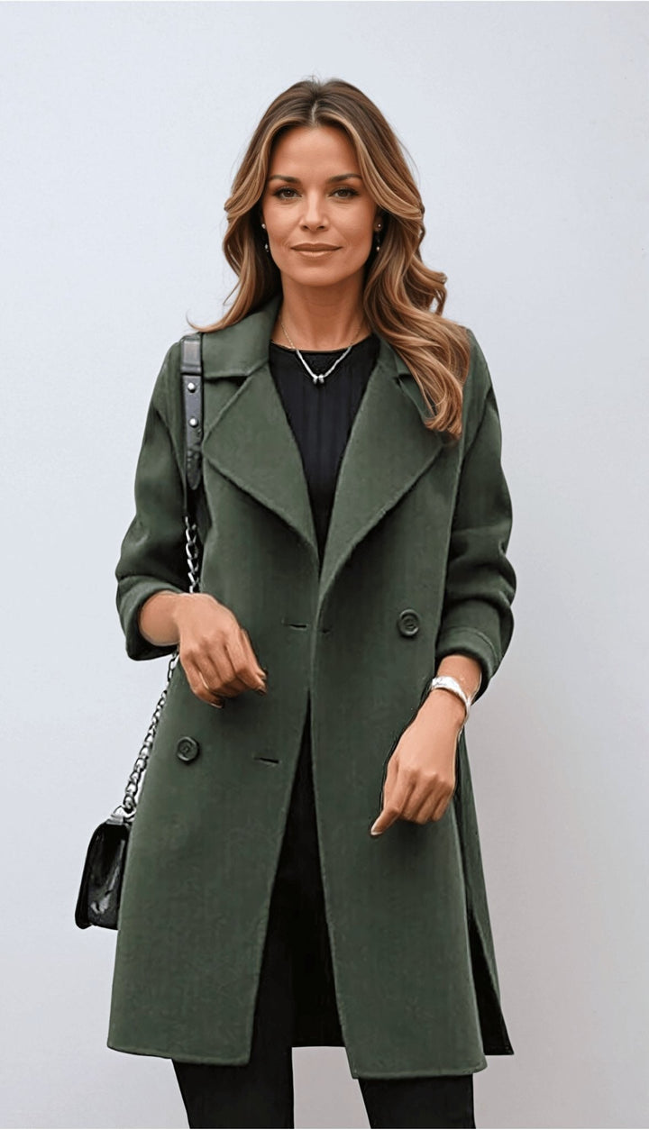 Genevieve | Women's Double Breasted Mid-Length Coat, Notched Lapel Autumn Coat | Everlasting Boutique | Army Green