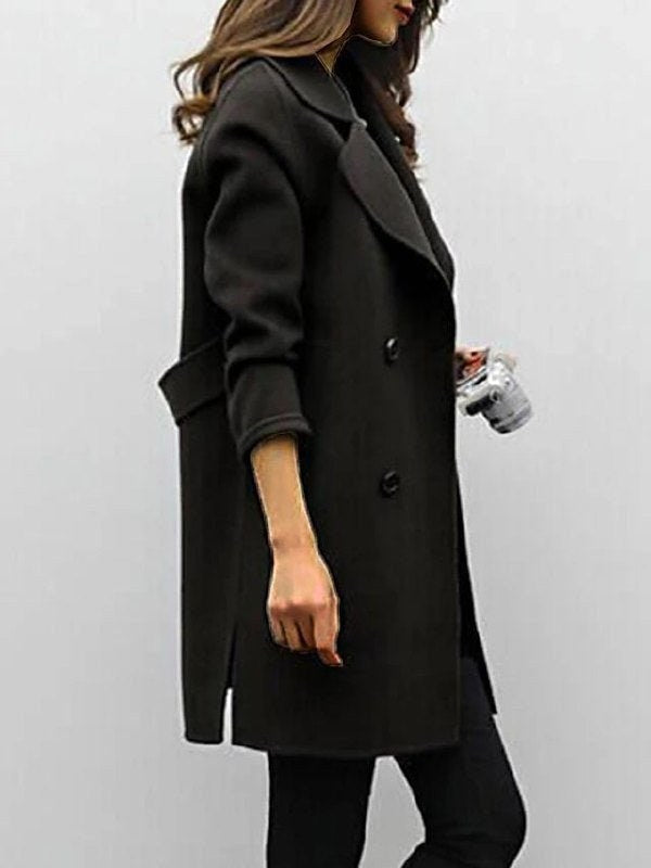 Genevieve | Women's Double Breasted Mid-Length Coat, Notched Lapel Autumn Coat | Everlasting Boutique | Brown