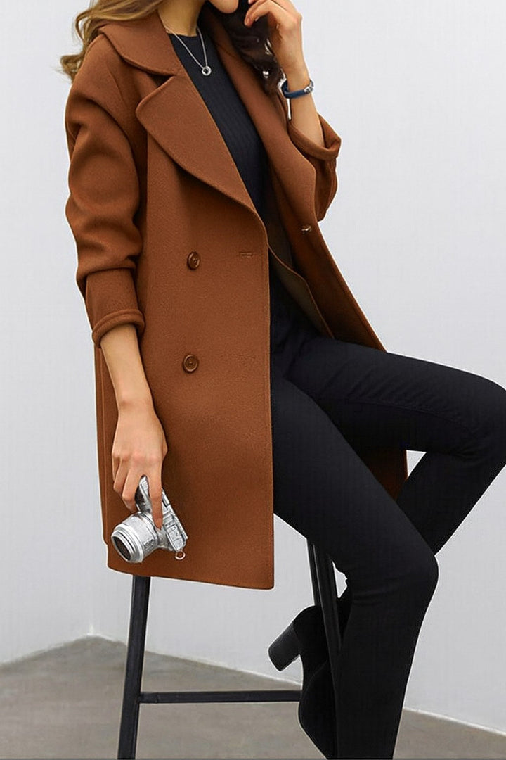 Genevieve | Women's Double Breasted Mid-Length Coat, Notched Lapel Autumn Coat | Everlasting Boutique | Black