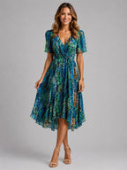 Georgia | Women's V-Neck Midi Dress with Flowing Silhouette, Printed Summer Dress | Everlasting Boutique | Blue