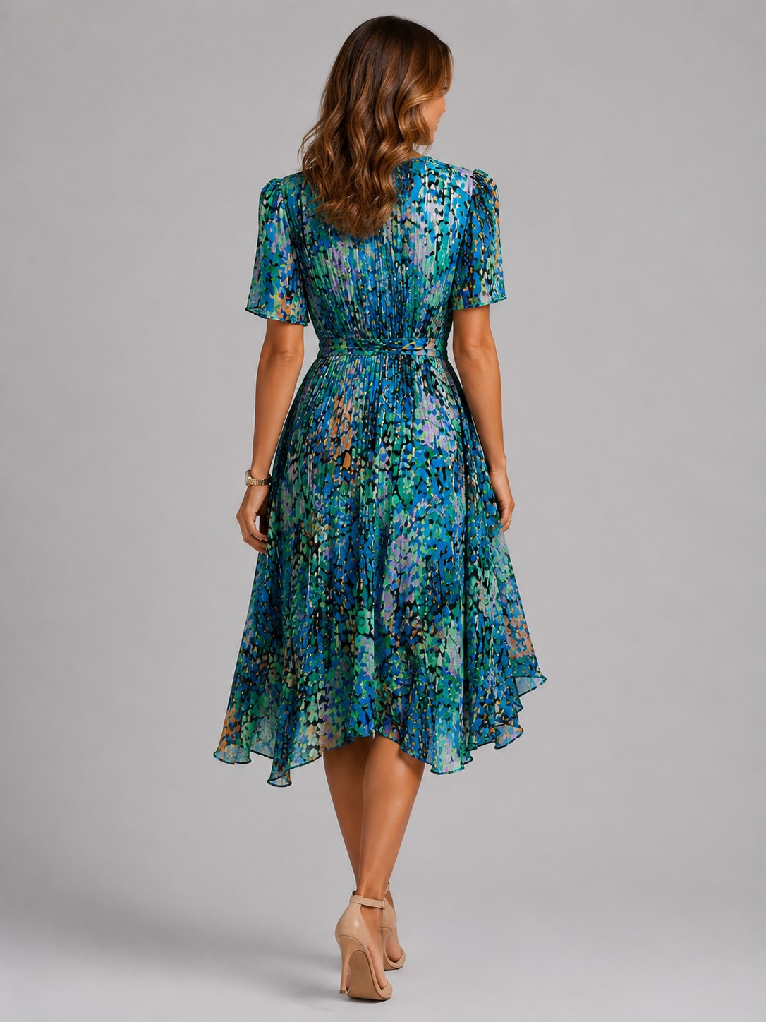 Georgia | Women's V-Neck Midi Dress with Flowing Silhouette, Printed Summer Dress | Everlasting Boutique | Multi