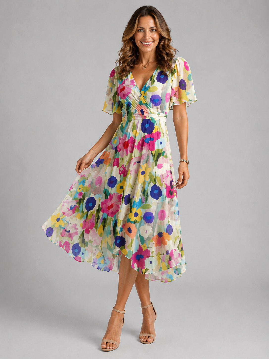 Georgia | Women's V-Neck Midi Dress with Flowing Silhouette, Printed Summer Dress | Everlasting Boutique | Rose Red