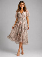 Georgia | Women's V-Neck Midi Dress with Flowing Silhouette, Printed Summer Dress | Everlasting Boutique | Green