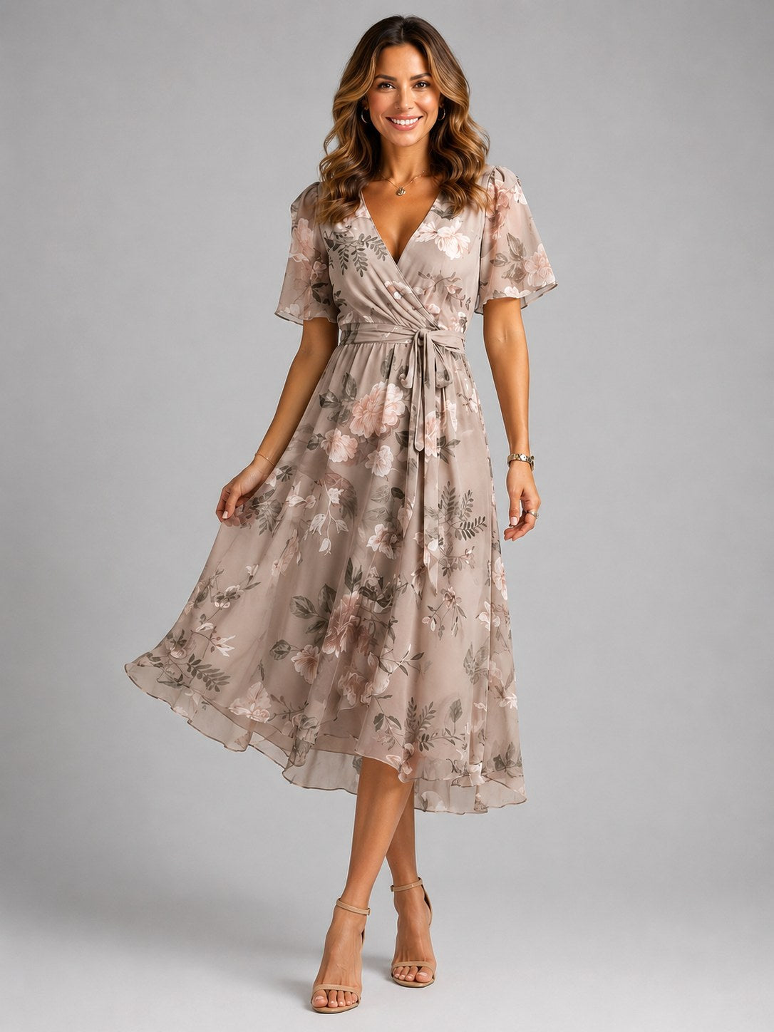 Georgia | Women's V-Neck Midi Dress with Flowing Silhouette, Printed Summer Dress | Everlasting Boutique | Green