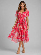 Georgia | Women's V-Neck Midi Dress with Flowing Silhouette, Printed Summer Dress | Everlasting Boutique