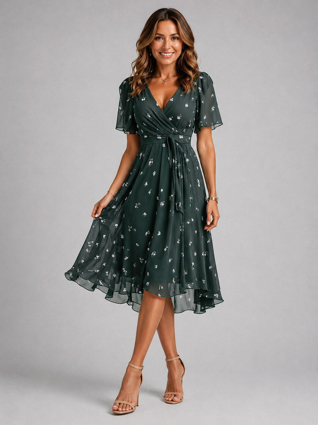 Georgia | Women's V-Neck Midi Dress with Flowing Silhouette, Printed Summer Dress | Everlasting Boutique