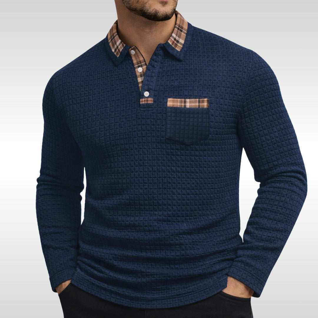 Günter | Men's Waffle-Piqué Polo Shirt with Check Pattern, Classic Polo Shirt | Everlasting Boutique | Blue