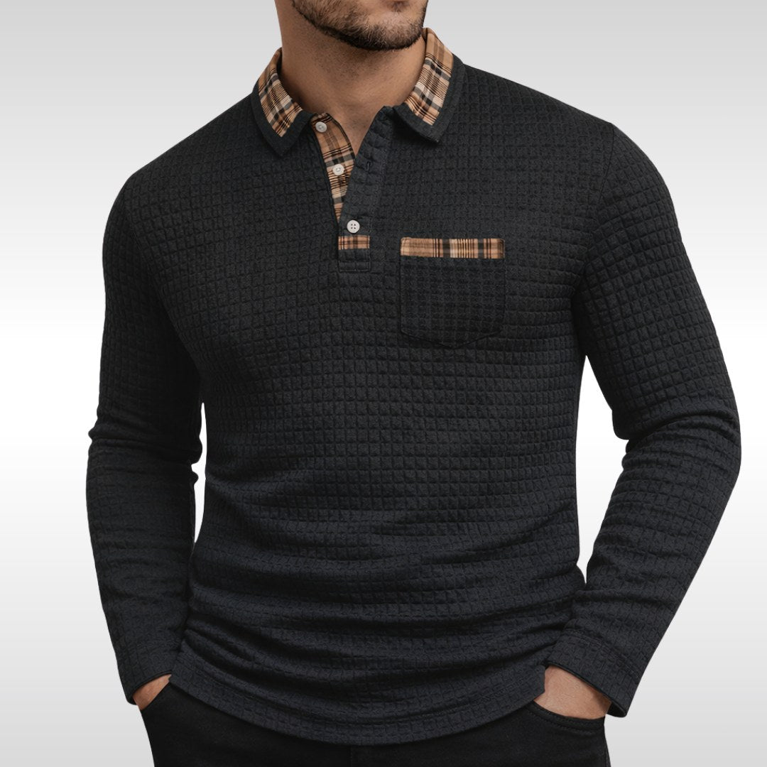 Günter | Men's Waffle-Piqué Polo Shirt with Check Pattern, Classic Polo Shirt | Everlasting Boutique | Blue