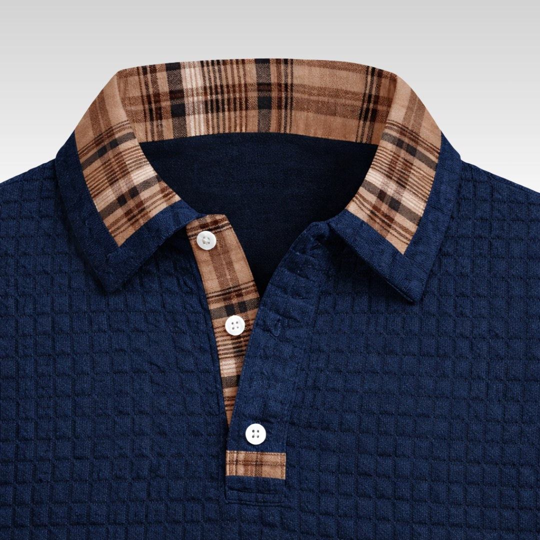 Günter | Men's Waffle-Piqué Polo Shirt with Check Pattern, Classic Polo Shirt | Everlasting Boutique | Blue