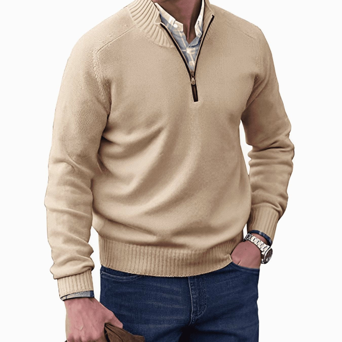Gustav | Men's Knit Jumper with Zip and Stand Collar, Long-Sleeve Jumper | Everlasting Boutique | Brown