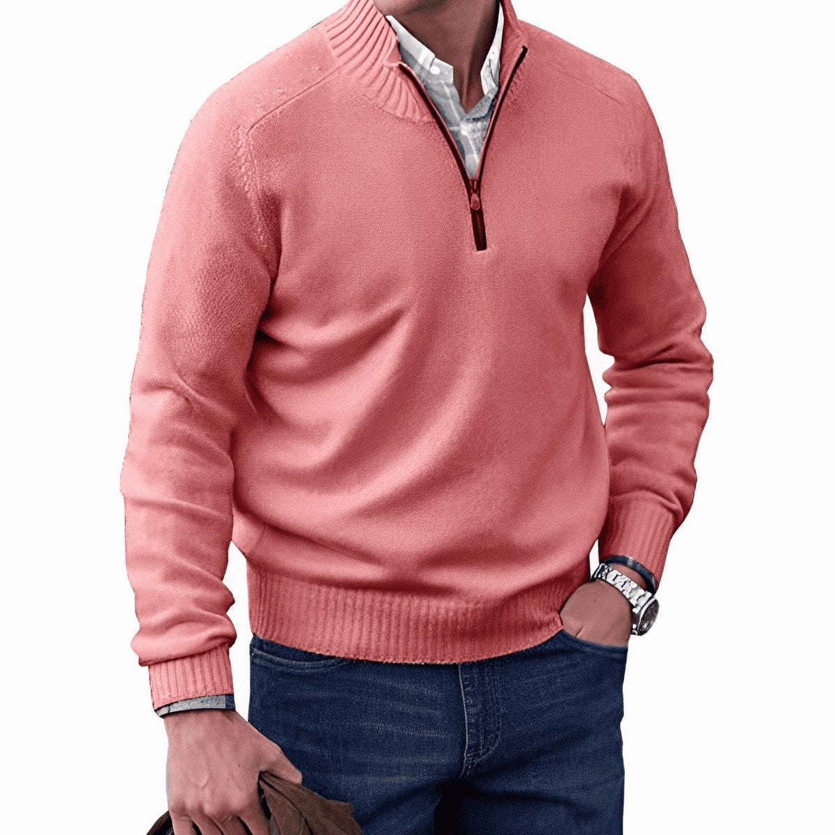 Gustav | Men's Knit Jumper with Zip and Stand Collar, Long-Sleeve Jumper | Everlasting Boutique | Black