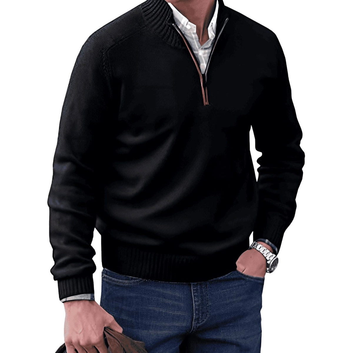 Gustav | Men's Knit Jumper with Zip and Stand Collar, Long-Sleeve Jumper | Everlasting Boutique | Green