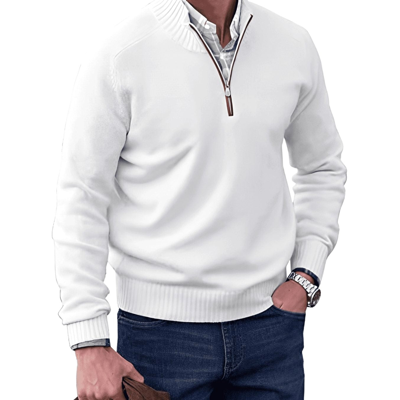 Gustav | Men's Knit Jumper with Zip and Stand Collar, Long-Sleeve Jumper | Everlasting Boutique | Brown