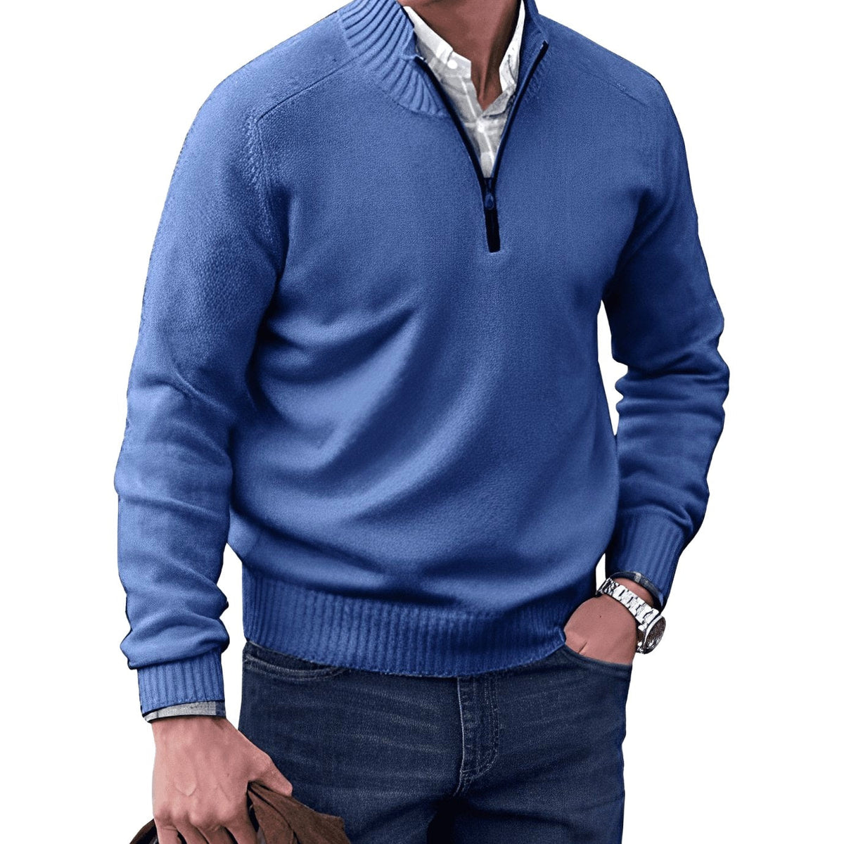 Gustav | Men's Knit Jumper with Zip and Stand Collar, Long-Sleeve Jumper | Everlasting Boutique | Brown