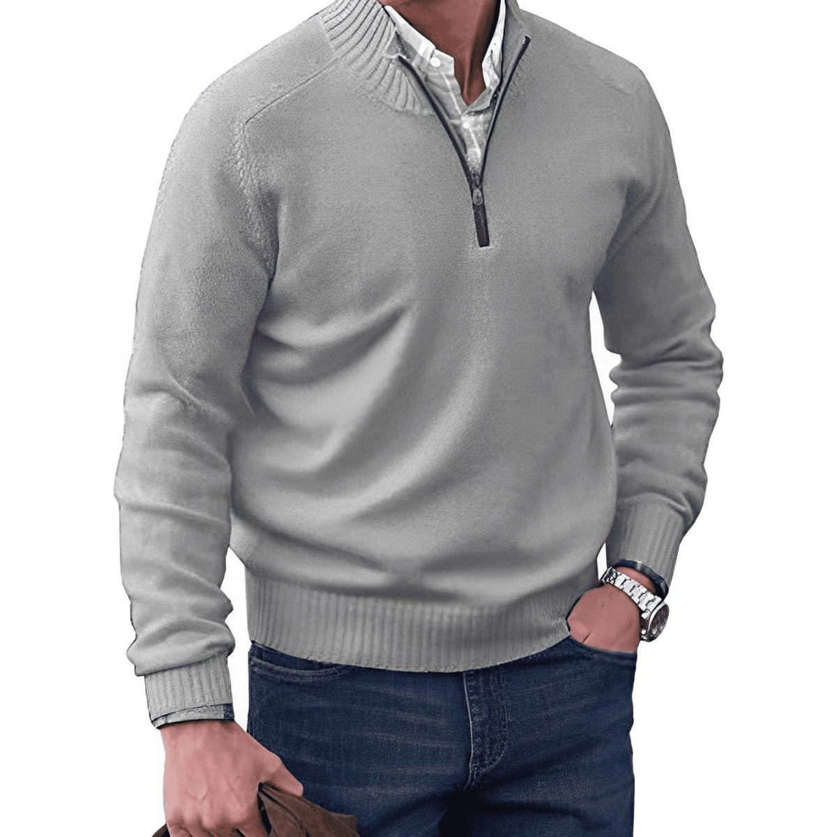 Gustav | Men's Knit Jumper with Zip and Stand Collar, Long-Sleeve Jumper | Everlasting Boutique | Brown
