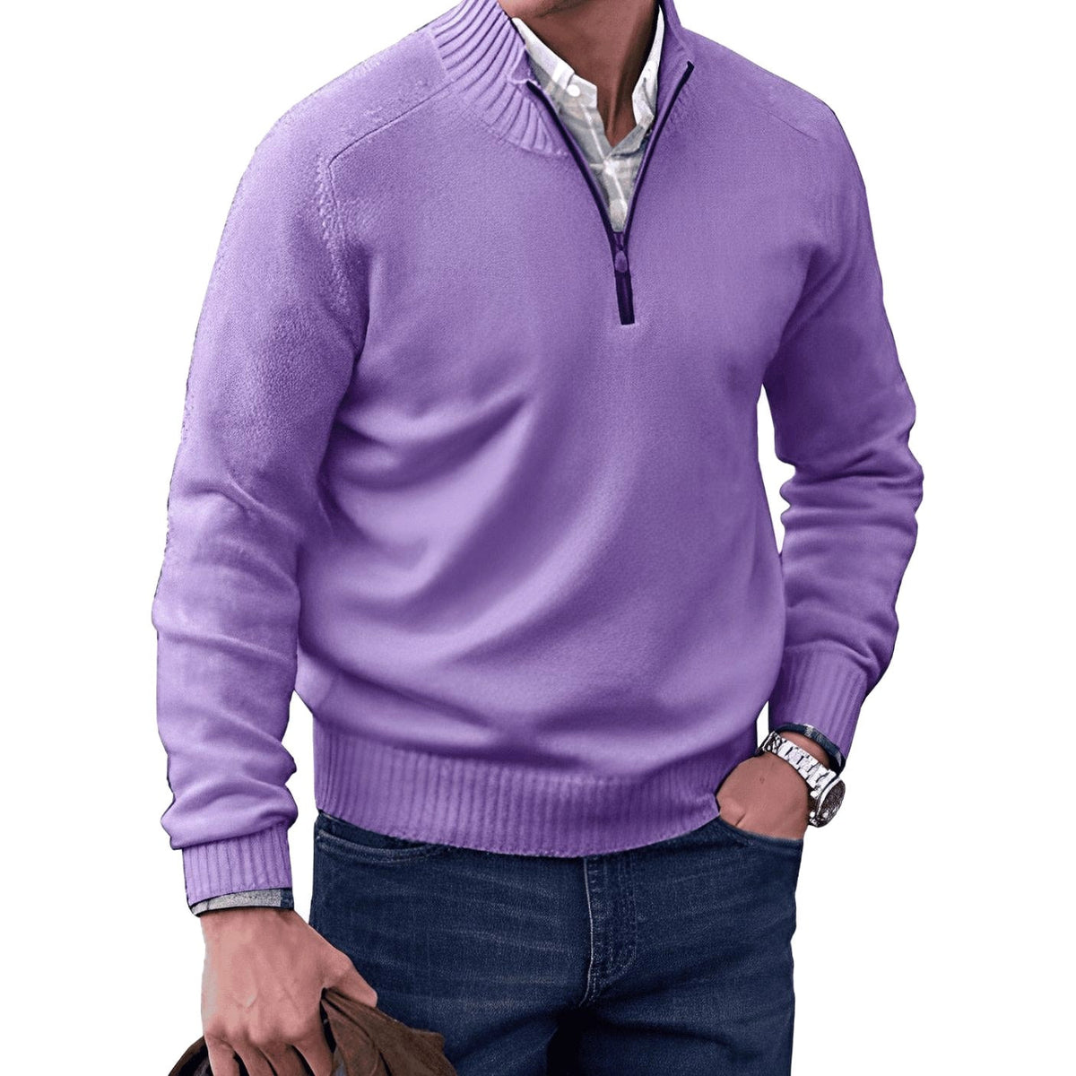Gustav | Men's Knit Jumper with Zip and Stand Collar, Long-Sleeve Jumper | Everlasting Boutique | Black