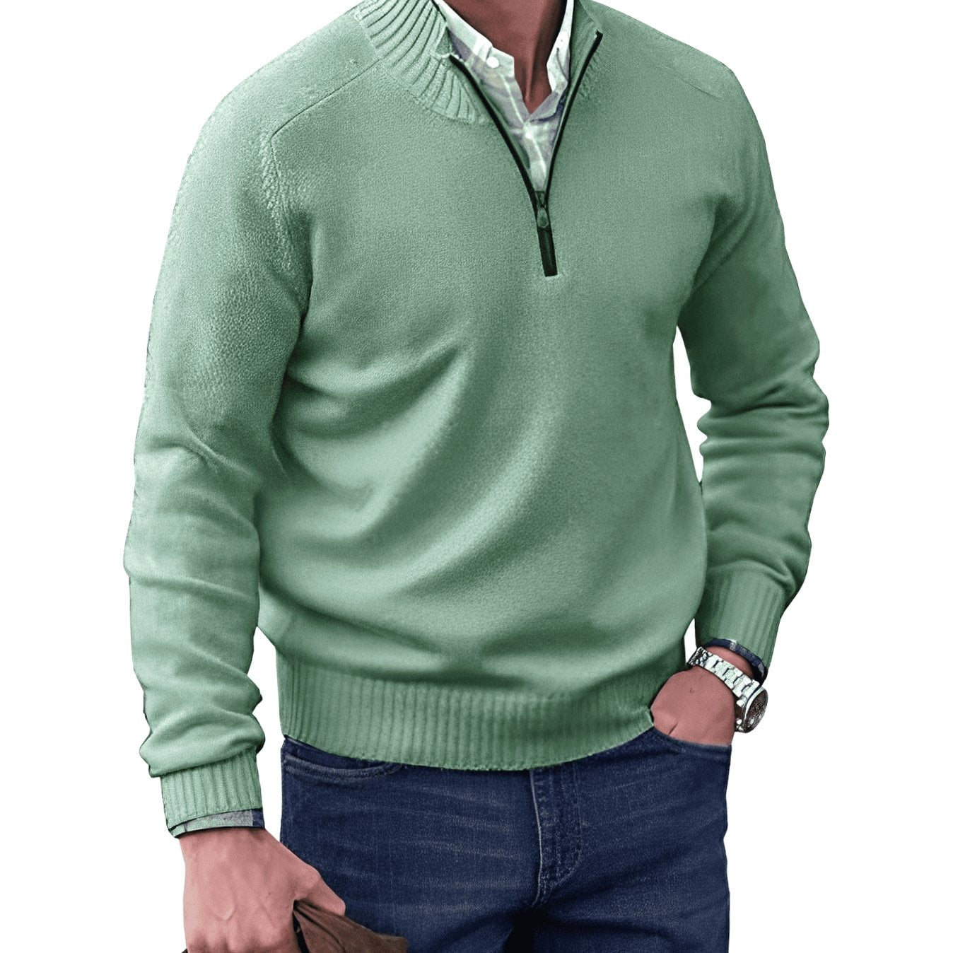 Gustav | Men's Knit Jumper with Zip and Stand Collar, Long-Sleeve Jumper | Everlasting Boutique | Black