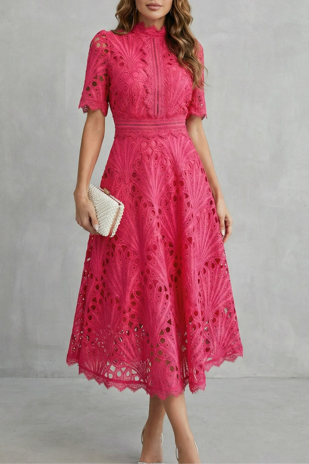 Hannah | Women's Midi Dress with Lace Fan Pattern and Short Sleeves, Occasion Midi Dress | Everlasting Boutique
