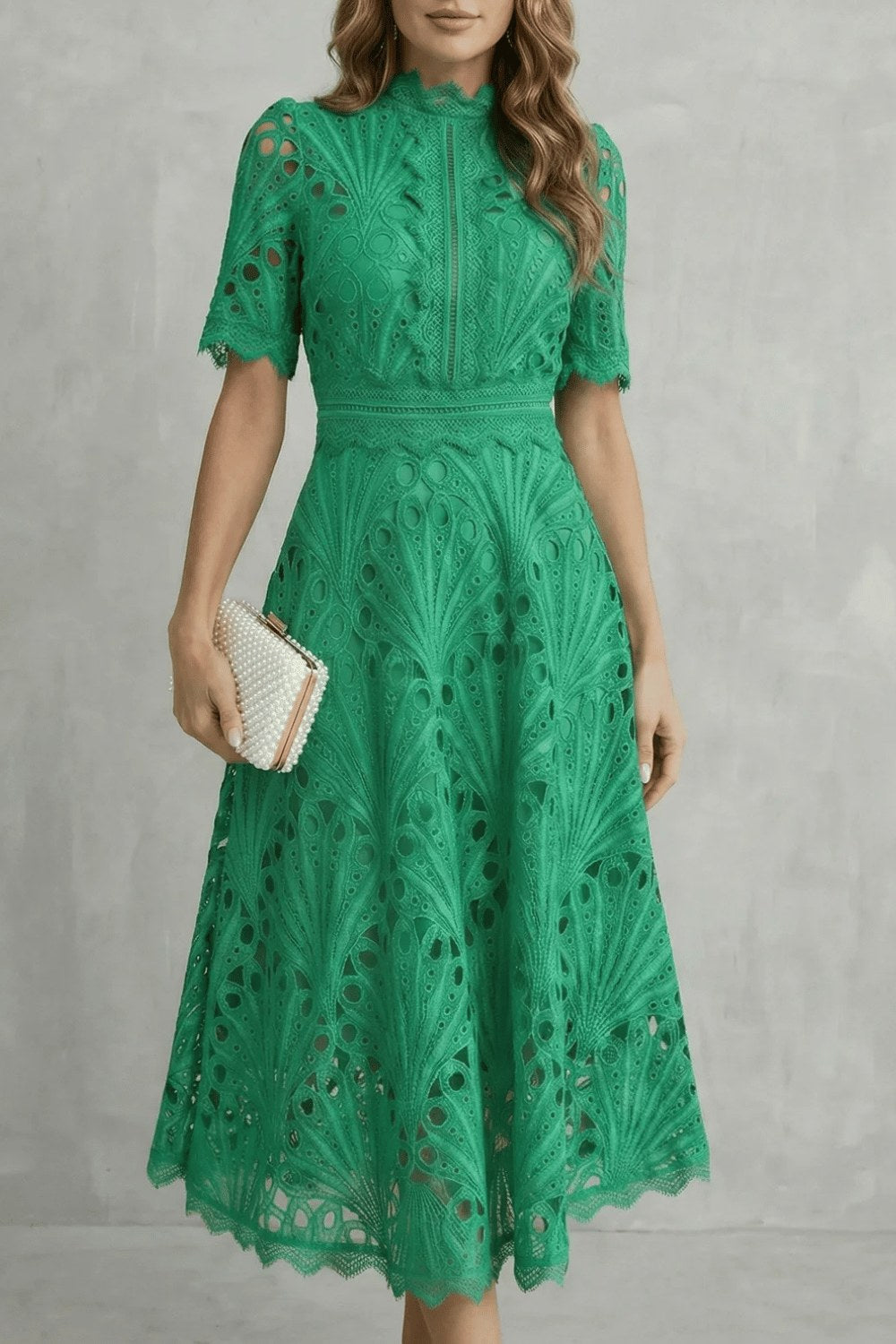 Hannah | Women's Midi Dress with Lace Fan Pattern and Short Sleeves, Occasion Midi Dress | Everlasting Boutique