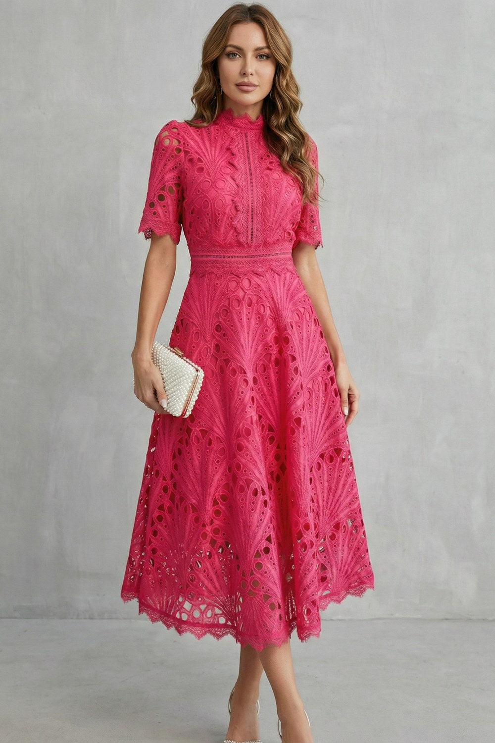 Hannah | Women's Midi Dress with Lace Fan Pattern and Short Sleeves, Occasion Midi Dress | Everlasting Boutique