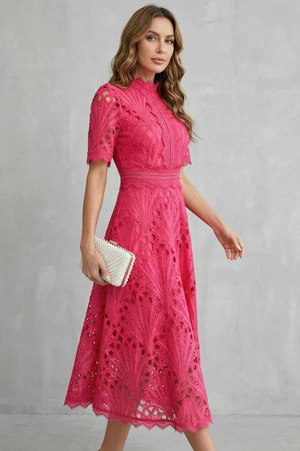 Hannah | Women's Midi Dress with Lace Fan Pattern and Short Sleeves, Occasion Midi Dress | Everlasting Boutique