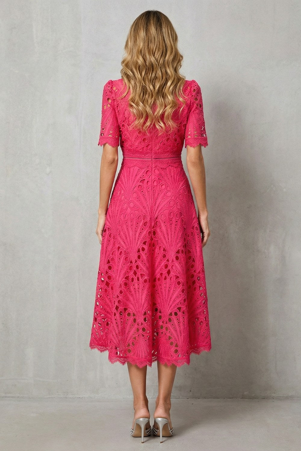 Hannah | Women's Midi Dress with Lace Fan Pattern and Short Sleeves, Occasion Midi Dress | Everlasting Boutique