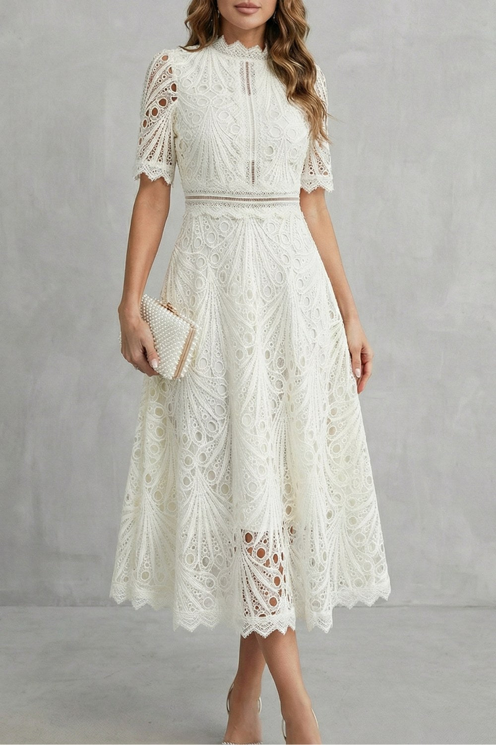 Hannah | Women's Midi Dress with Lace Fan Pattern and Short Sleeves, Occasion Midi Dress | Everlasting Boutique