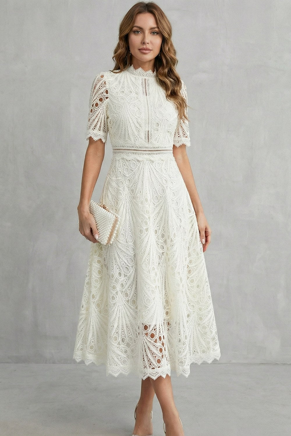 Hannah | Women's Midi Dress with Lace Fan Pattern and Short Sleeves, Occasion Midi Dress | Everlasting Boutique