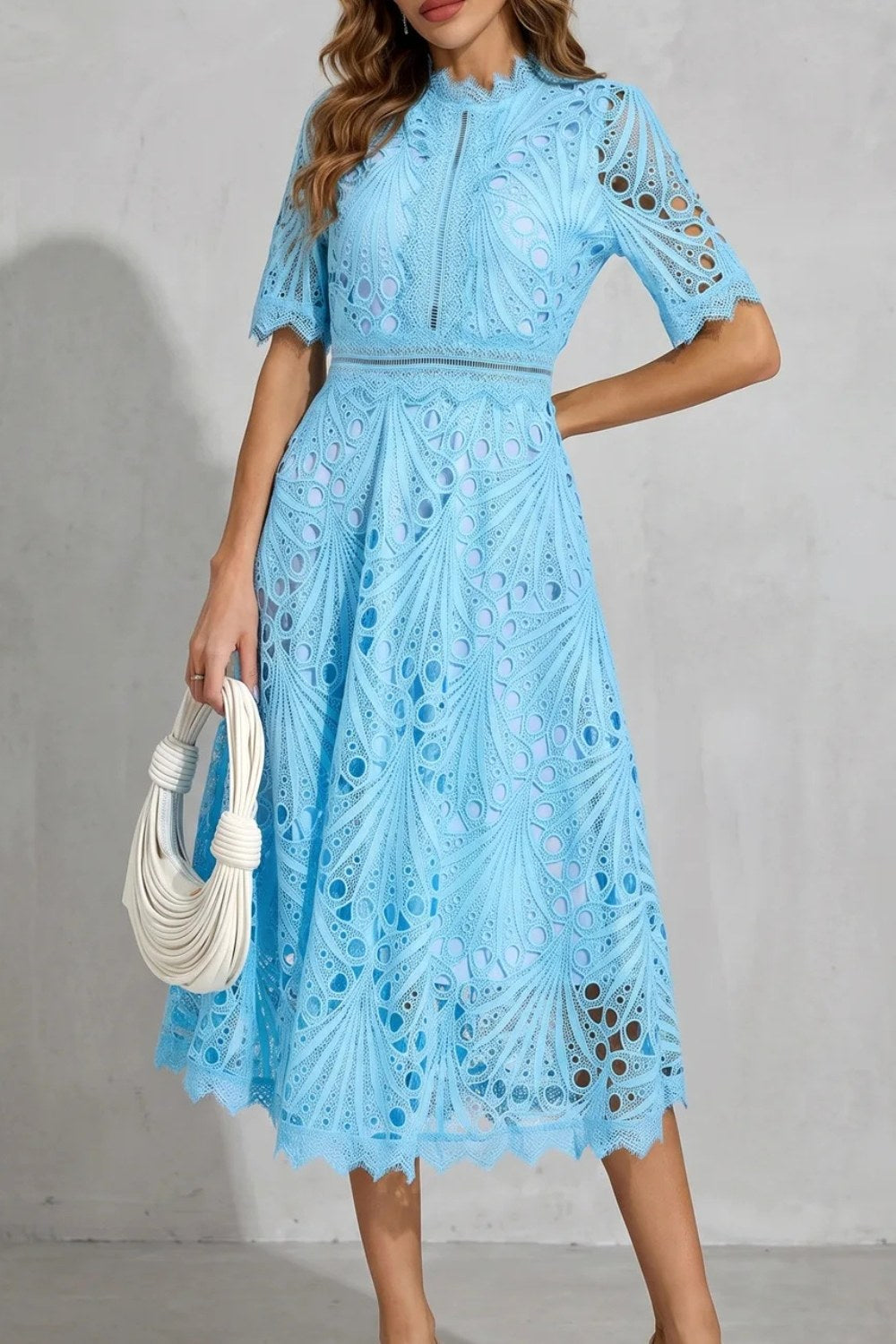 Hannah | Women's Midi Dress with Lace Fan Pattern and Short Sleeves, Occasion Midi Dress | Everlasting Boutique