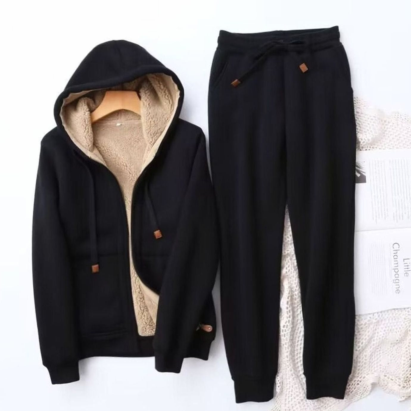 Helena | Women's Fleece-Lined Hoodie Jogger Tracksuit, Warming Set of Hoodie and Joggers | Everlasting Boutique | Black