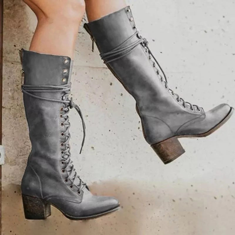 Henriette | Women's Lace-Up Leather Combat Boots, Block Heel Ankle Boots | Everlasting Boutique