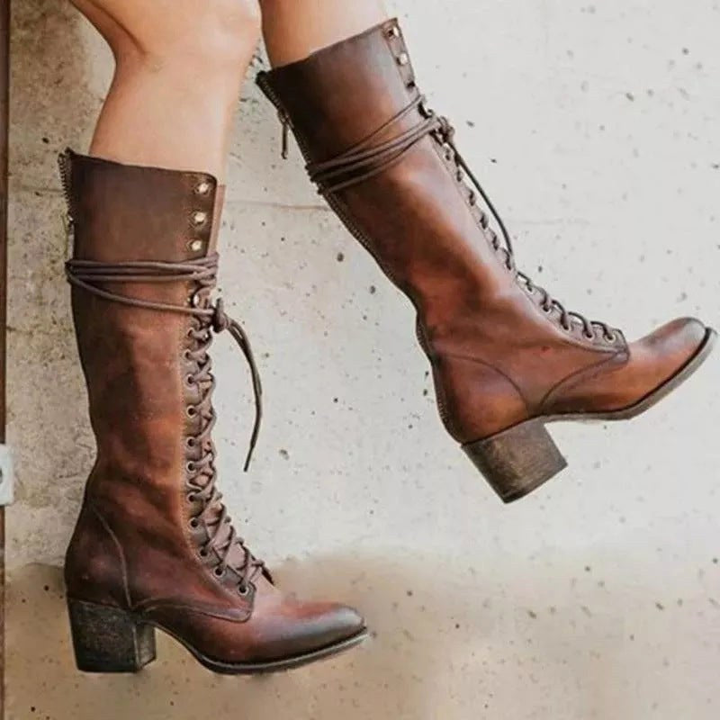 Henriette | Women's Lace-Up Leather Combat Boots, Block Heel Ankle Boots | Everlasting Boutique