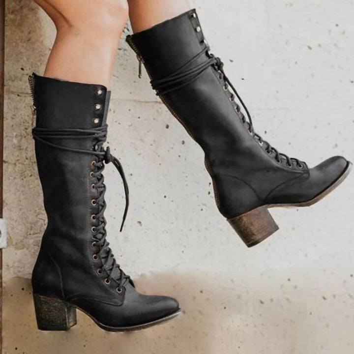 Henriette | Women's Lace-Up Leather Combat Boots, Block Heel Ankle Boots | Everlasting Boutique