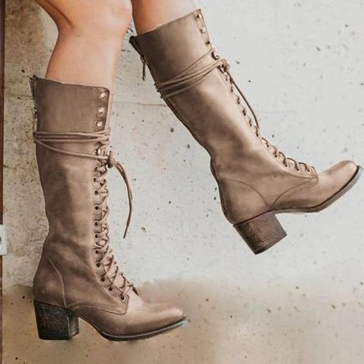 Henriette | Women's Lace-Up Leather Combat Boots, Block Heel Ankle Boots | Everlasting Boutique