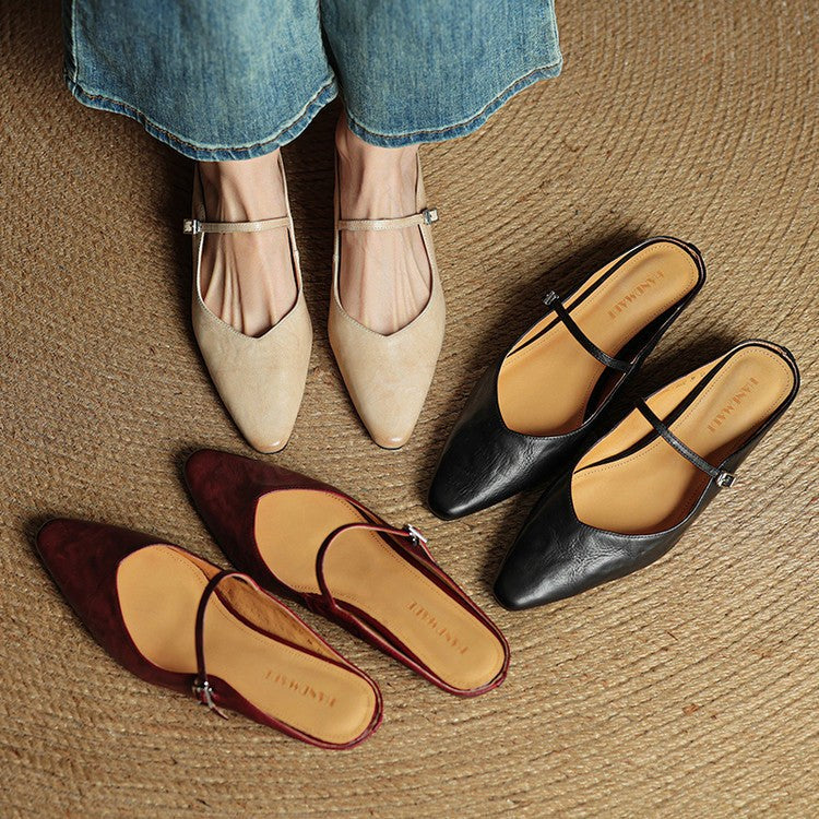 Holly | Women's Leather Mary Jane Mules, Pointed Toe Comfort Shoes | Everlasting Boutique
