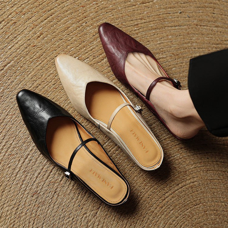 Holly | Women's Leather Mary Jane Mules, Pointed Toe Comfort Shoes | Everlasting Boutique