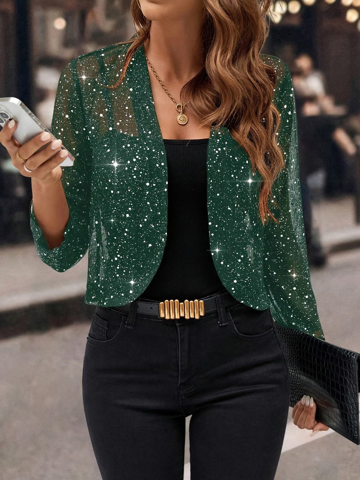 Isabelle | Women's Sequin Cardigan Jacket, Glitter Evening Jacket | Animated Apparel | Black